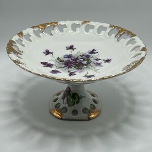 Vintage Lefton Violets Reticulated Pedestal Porcelain Pedestal Dish
